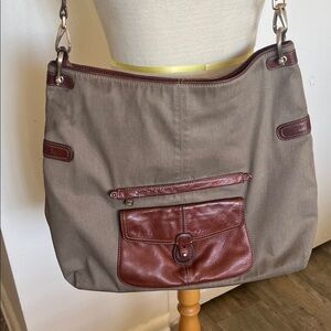 Vintage Liz Claiborne Canvas & Leather Tote Bag w/ Brass Messenger Purse